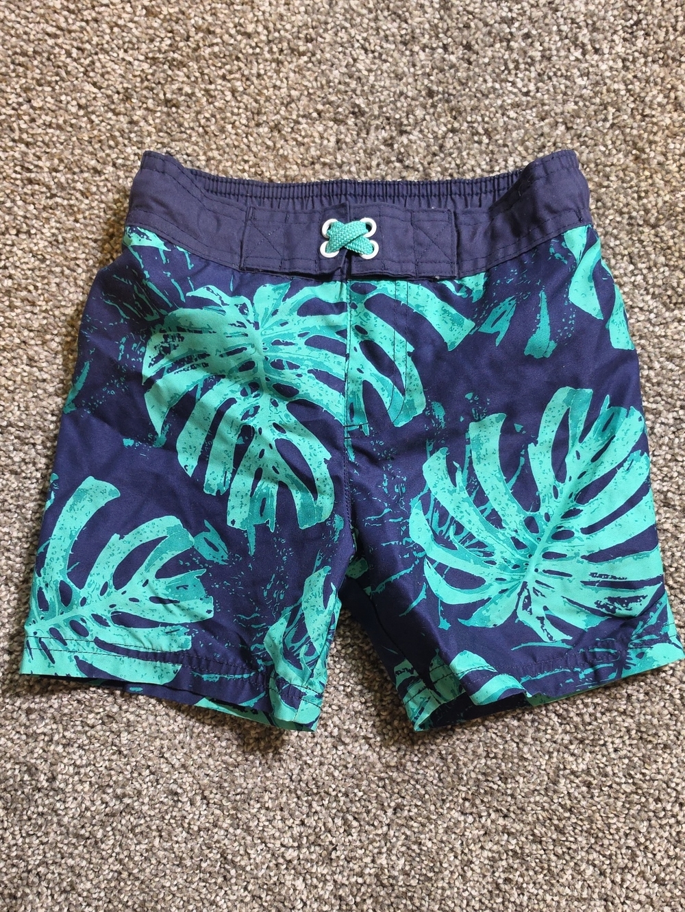 Cat & Jack Navy Swim Trunks with Teal Tropical Leaf Print
